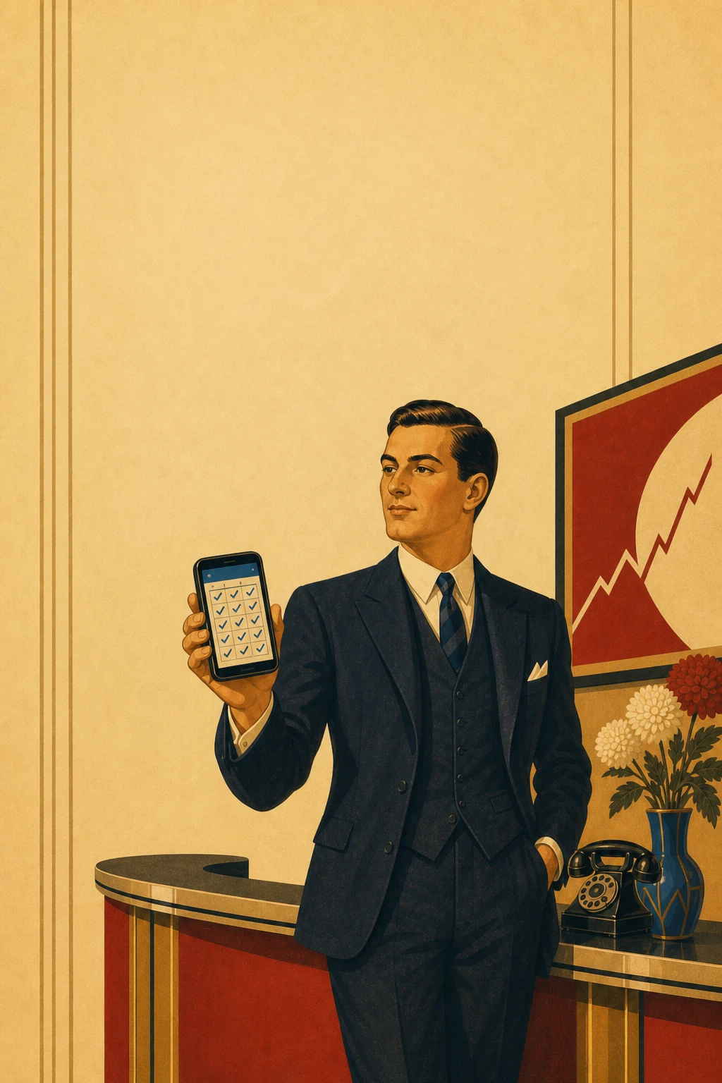 Retro ilustracja w stylu lat 30.: specjalista marketingu trzyma smartfon z zapełnionym kalendarzem rezerwacji przy recepcji