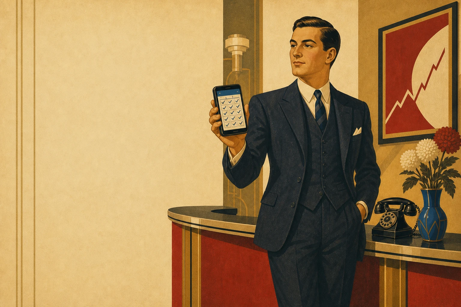Retro ilustracja w stylu lat 30.: specjalista marketingu trzyma smartfon z zapełnionym kalendarzem rezerwacji przy recepcji